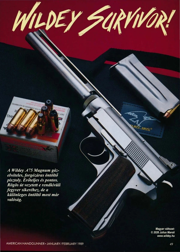 Az 1989-es Wildey Survivor cikk magyar nyitóoldala, .475 Magnum pisztollyal