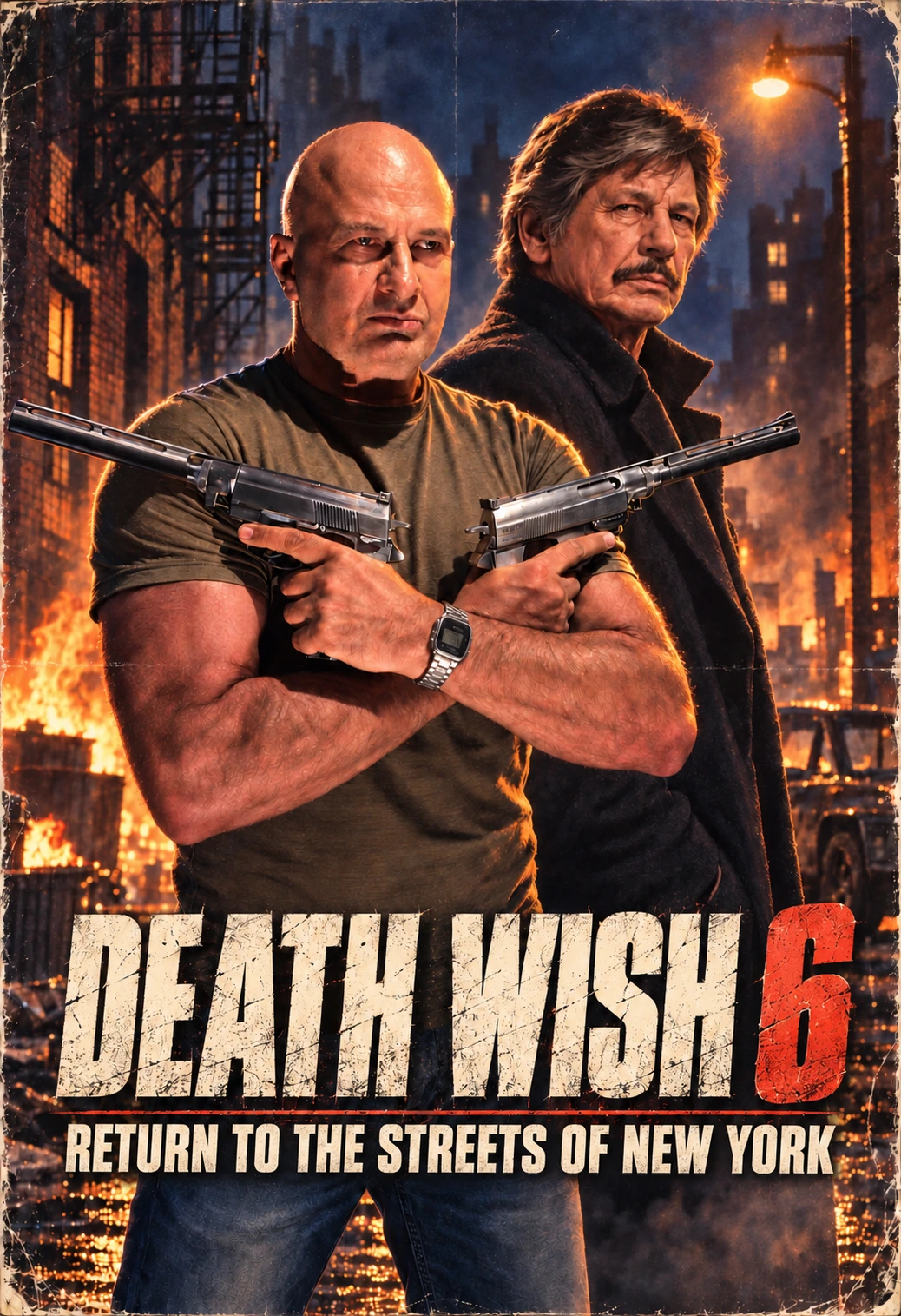 Képzeletbeli Death Wish 6 filmplakát Julius Maroti és Charles Bronson ábrázolásával, Wildey pisztolyokkal